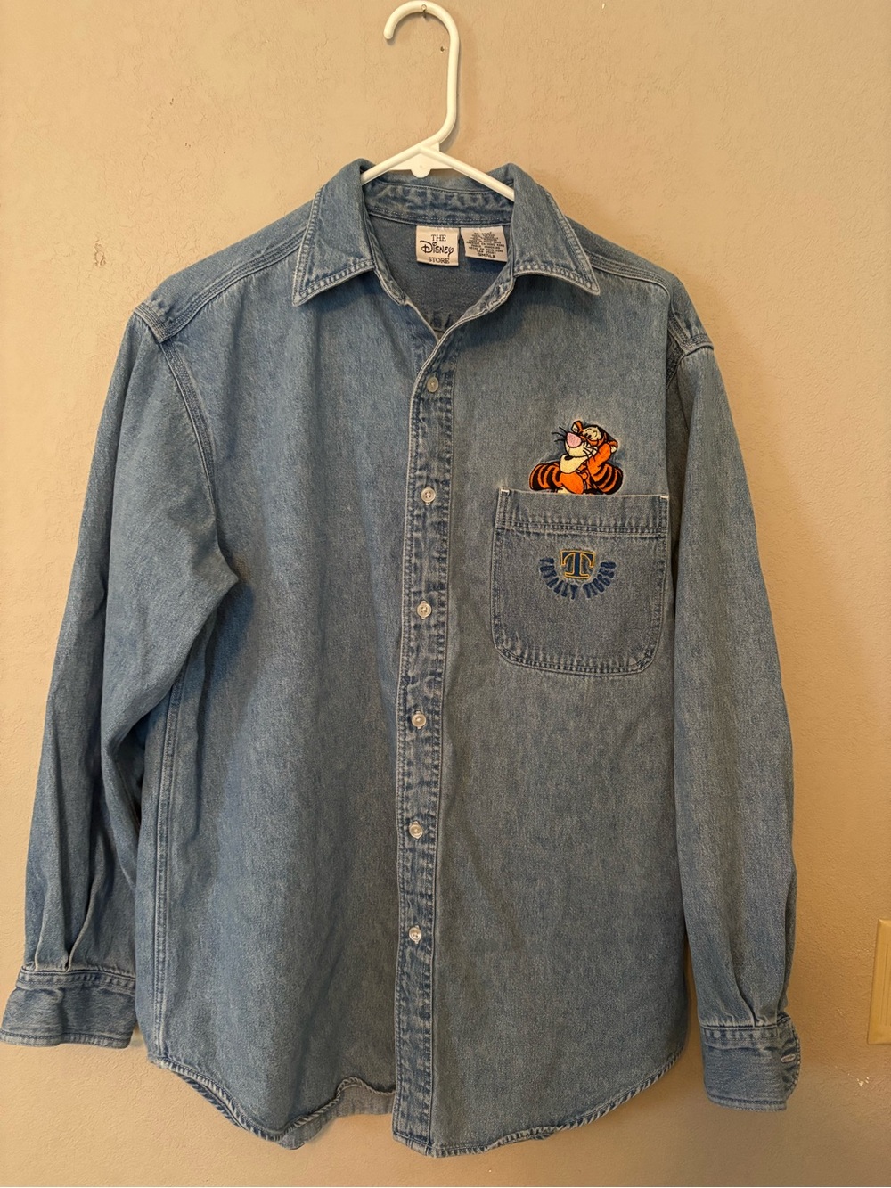 Disney Light Blue Denim Button-Down Shirt with Tigger Pocket Embroidery - Picture 4 of 9